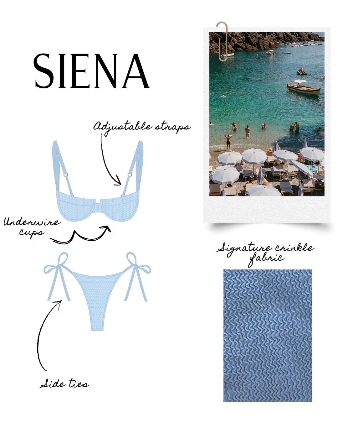 Blue bikini set with text highlighting features, beach scene, and fabric swatch.