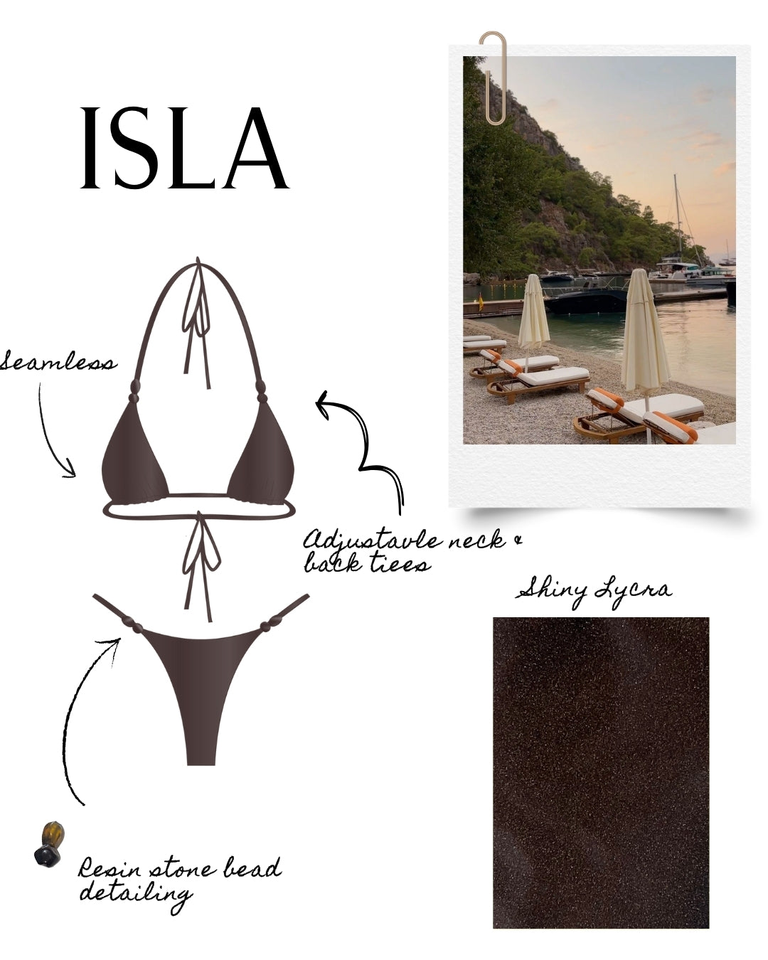 Bikini set with product details and a scenic photo of a beach.